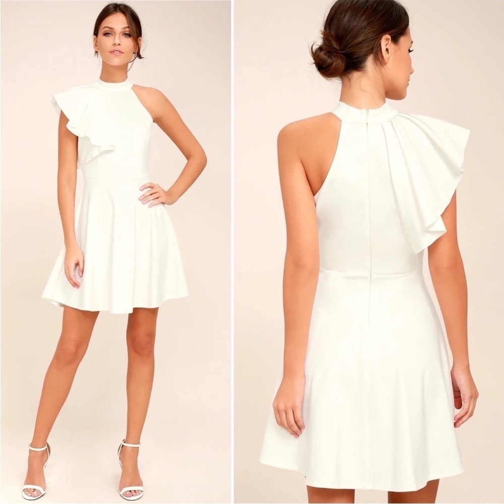 Lulu’s Chic Goals White One-Shoulder Skater Dress Small